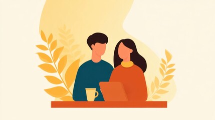 Young Couple Working Together on a Laptop in Warm Autumn Colors