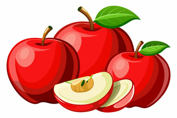 Three Red Apples with Slices Isolated on White Background