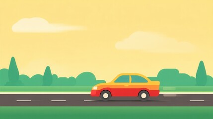 Colorful Cartoon Car Driving on a Scenic Road with Blue Sky and Green Trees