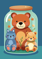 Adorable Stuffed Animals Inside a Glass Jar