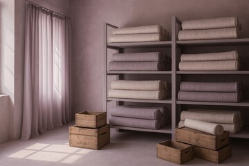 Neatly stacked fabric rolls on industrial shelving in soft sunlit room
