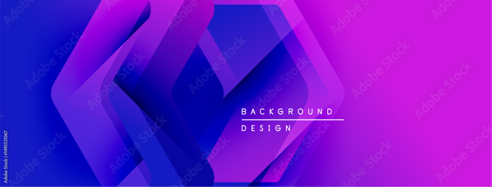 Poster Abstract geometric shapes overlap, creating vibrant purple, blue gradients. Modern design element for digital projects. Text reads background design.