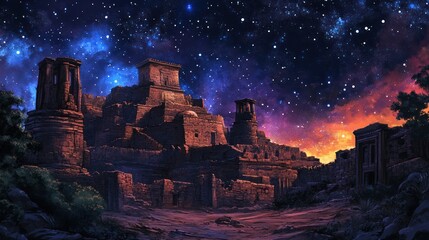 Ancient Temple Ruins Under a Starry Sky, Mystical Landscape Illustration