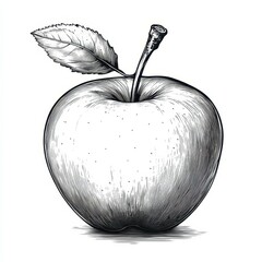 Detailed drawing of a fresh apple with a leaf, showcasing its natural texture and shape in black and white