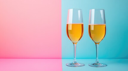 Champagne glasses for New Year's on colored background, space for text