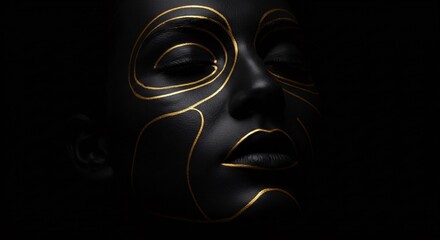Portrait of a woman with golden abstract lines painted on her face against a dark background providing a striking contrast