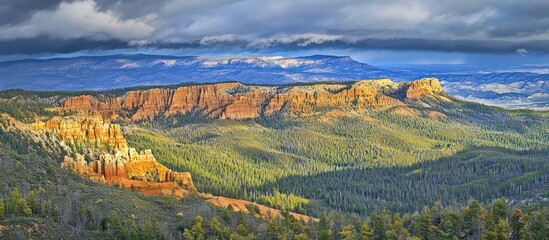 Naklejka premium Autumn mountain landscape with scenic trees and sky