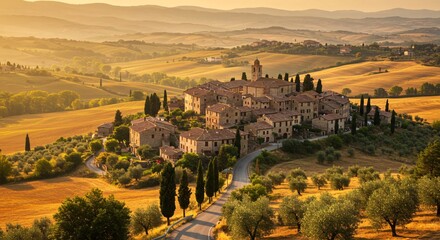 Obraz premium Picturesque Tuscan village perched on a hilltop with winding road and golden fields at sunset