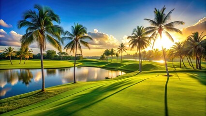 Fototapeta premium Serene Sunset Over Lush Green Golf Course Landscape with Palm Trees and Calm Water
