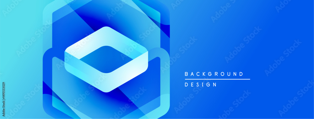 Poster Abstract blue design features layered geometric shapes. Hexagon dominates composition, creating modern visual effect. Bright gradient adds depth.