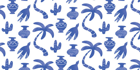 Seamless pattern with Palm Tree, Bird, Cactus, Ceramic Vase in blue Mediterranean style. Abstract summer elements on white background. Hand drawn flat vector illustration.