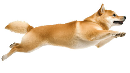 Joyful dog leaps through the air in a playful jump, captivating display of canine athleticism