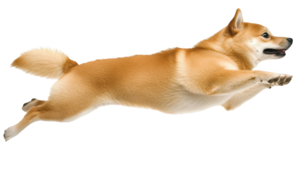 Joyful dog leaps through the air in a playful jump, captivating display of canine athleticism