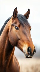 Obraz premium Close-up of a brown horse with a flowing mane standing in a serene landscape during daylight hours