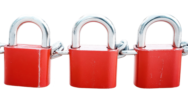 Three vibrant red padlocks with silver handles, a symbol of security and protection