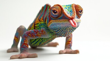 A colorful chameleon with rainbow-striped skin, bulging eyes that move independently, and a small, cheeky tongue sticking out.