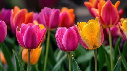 Naklejka premium Close-up of vibrant tulip flowers in a unique flowerbed.