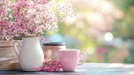 Coffee and ceramic jars with flowers: Summer theme greeting card.