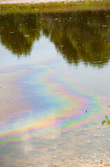 Environmental pollution. Polluted environment. Environmental cleanup. Industrial waste discharge. Chemical runoff. Oil and gasoline stains. Lake with gasoline stains on water. Nature and ecology