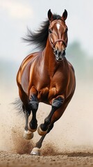 Obraz premium Majestic brown horse gallops across sandy terrain under a clear sky during the early morning light
