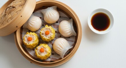 Serving Steamed Dumplings in Bamboo Steamer with Dipping Sauce