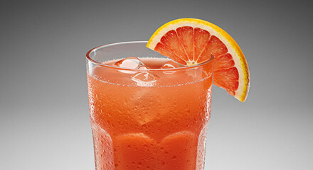 A glass of grapefruit juice with ice and a slice