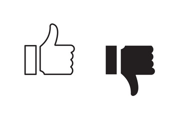 Black thumbs up and thumbs down icon flat design. Vector illustration. Like and dislike flat icon set. Like and dislike social network pictograms isolated on white background EPS10
