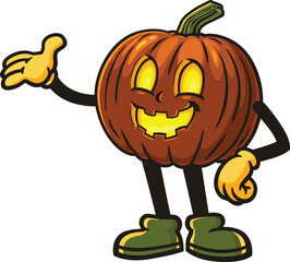 Cartoon pumpkin lantern character with welcoming pose