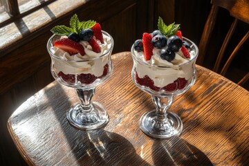 Two desserts with whipped cream and fresh berries on a wooden table.