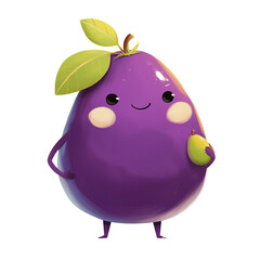 Png purple cartoon plum with kawaii face holding small green plum isolated on transparent background