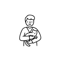 Gentleman Gently Holding an Adorable Kitten Line Art Illustration