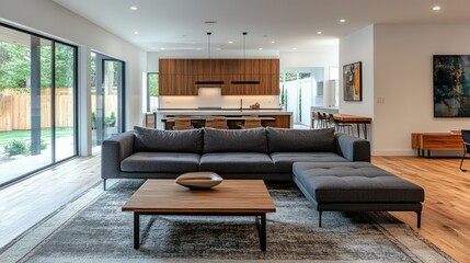 Fototapeta premium Contemporary living space featuring a gray sofa