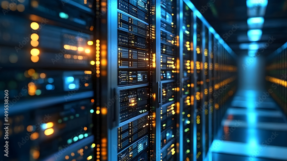 Poster rows of dedicated servers mining bitcoin in a high-tech cryptocurrency farm.