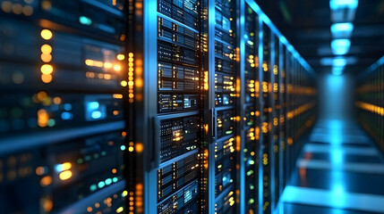 Rows of dedicated servers mining Bitcoin in a high-tech cryptocurrency farm.