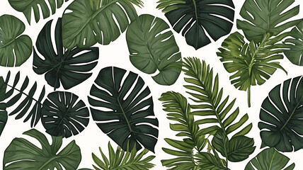 Tropical Monstera And Palm Leaves Pattern On White Background Illustration