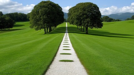 Naklejka premium A straight gravel pathway runs through lush green fields lined with large trees under a partly cloudy sky
