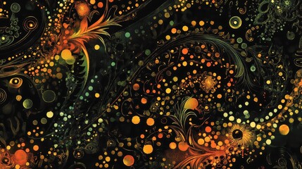 Abstract design with swirling patterns and vibrant dots.
