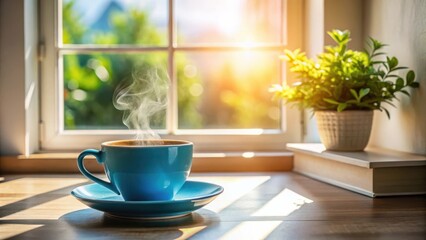 Morning Sunlight Illuminates a Steam-Rising Cup of Coffee on a Wooden Table Beside a Window with a Potted Plant and a Book