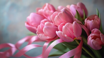 Obraz premium Creating lovely tulip bouquet with ribbon, close-up