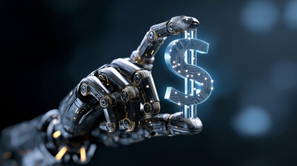 Robotic hand holding futuristic digital dollar illustration