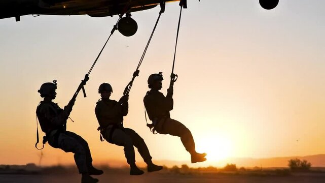 Silhouette of soldiers fast roping from a helicopter against a bright sky at sunset or sunrise