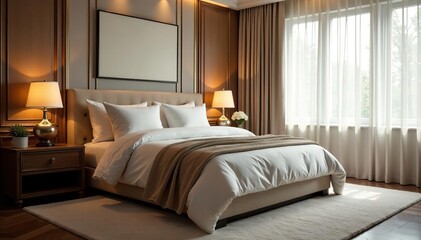Luxurious king-size bed, plush bedding, soft lighting, sleep, furniture, spacious