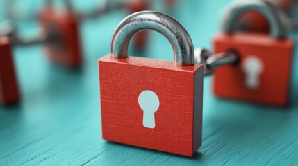 Fototapeta premium Red padlocks chained together on teal surface; security concept.