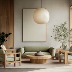 Modern, minimalist living room design with natural elements.