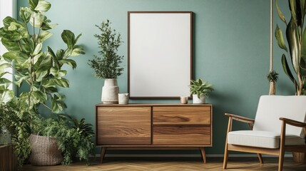 Elegant living room decor with mock-up poster frame, armchair, wooden dresser, plants, and stylish home accessories. Sage green wall. Template for home staging.