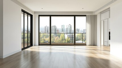 Empty large living room with white walls, laminate floor, and balcony doors