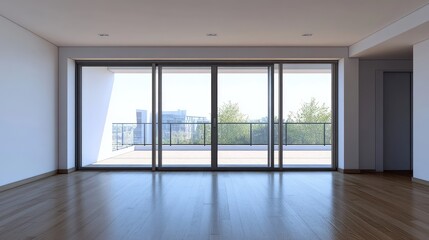 Empty living room with sliding glass doors and empty floor.