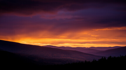 Golden sunset over a serene landscape, warm light through clouds, orange and purple hues blending in harmony