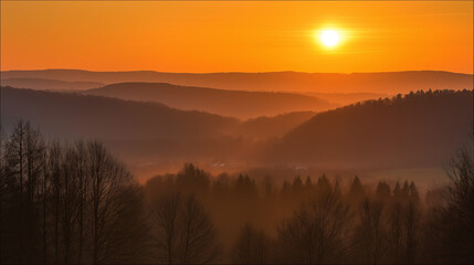 Golden sunset over a serene landscape, warm light through clouds, orange and purple hues blending in harmony