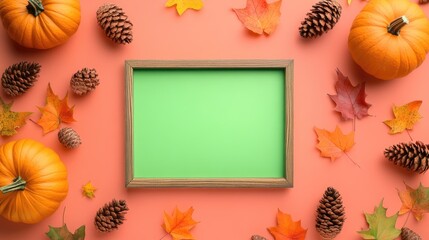 Fall-themed banner with pumpkins, leaves, cones, and green screen photo frame on light background